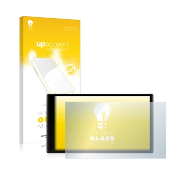 Parte frontal de un envase de producto con el logotipo de la marca upscreen. Al lado se muestra el dispositivo Garmin DriveSma