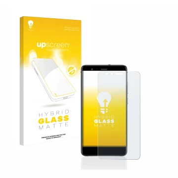 Parte frontal de un envase de producto con el logotipo de la marca upscreen. Al lado se muestra el dispositivo Huawei P10 Lite