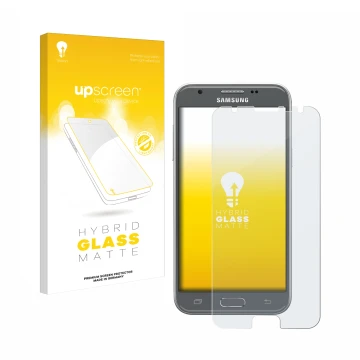 Parte frontal de un envase de producto con el logotipo de la marca upscreen. Al lado se muestra el dispositivo Samsung Galaxy 