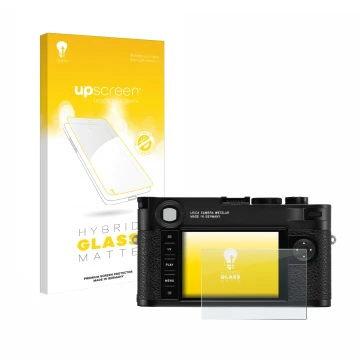 Parte frontal de un envase de producto con el logotipo de la marca upscreen. Al lado se muestra el dispositivo Leica M10 con s