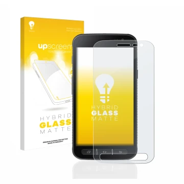 Parte frontal de un envase de producto con el logotipo de la marca upscreen. Al lado se muestra el dispositivo Samsung Galaxy 