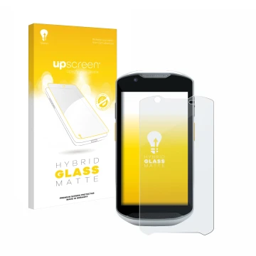 Parte frontal de un envase de producto con el logotipo de la marca upscreen. Al lado se muestra el dispositivo Zebra TC56 con 