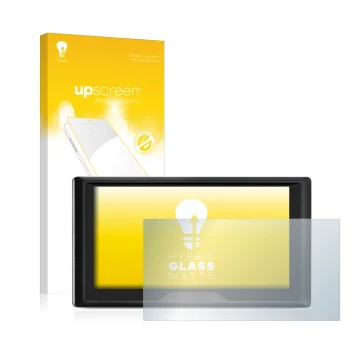 Parte frontal de un envase de producto con el logotipo de la marca upscreen. Al lado se muestra el dispositivo Garmin Drive 61