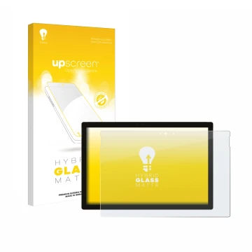 Parte frontal de un envase de producto con el logotipo de la marca upscreen. Al lado se muestra el dispositivo Microsoft Surfa