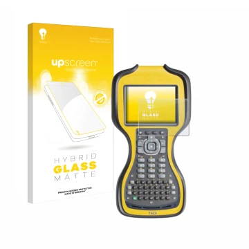 Parte frontal de un envase de producto con el logotipo de la marca upscreen. Al lado se muestra el dispositivo Trimble TSC3 co