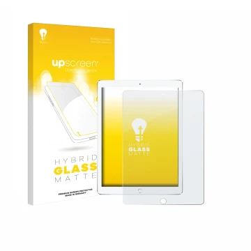 Parte frontal de un envase de producto con el logotipo de la marca upscreen. Al lado se muestra el dispositivo Apple iPad Pro 
