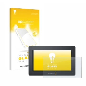 Parte frontal de un envase de producto con el logotipo de la marca upscreen. Al lado se muestra el dispositivo Blackmagic Desi