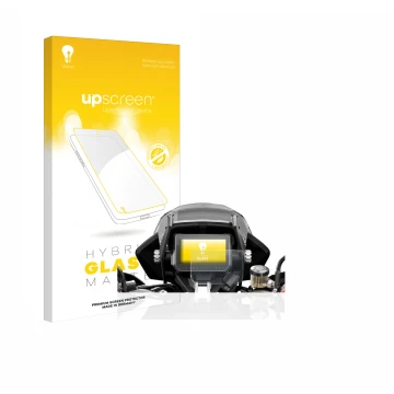 Parte frontal de un envase de producto con el logotipo de la marca upscreen. Al lado se muestra el dispositivo KTM 1290 Super 