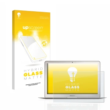 Parte frontal de un envase de producto con el logotipo de la marca upscreen. Al lado se muestra el dispositivo Apple MacBook A