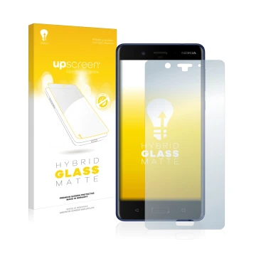 Parte frontal de un envase de producto con el logotipo de la marca upscreen. Al lado se muestra el dispositivo Nokia 8 con su 