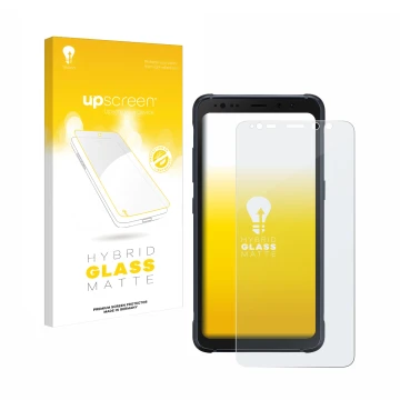 Parte frontal de un envase de producto con el logotipo de la marca upscreen. Al lado se muestra el dispositivo Samsung Galaxy 