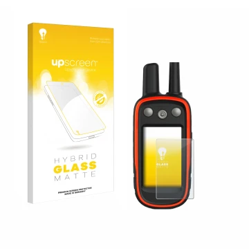 Parte frontal de un envase de producto con el logotipo de la marca upscreen. Al lado se muestra el dispositivo Garmin Atemos 1