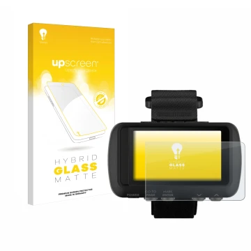 Parte frontal de un envase de producto con el logotipo de la marca upscreen. Al lado se muestra el dispositivo Garmin Foretrex