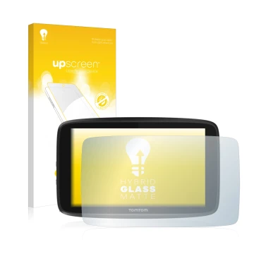 Parte frontal de un envase de producto con el logotipo de la marca upscreen. Al lado se muestra el dispositivo TomTom GO 6250 