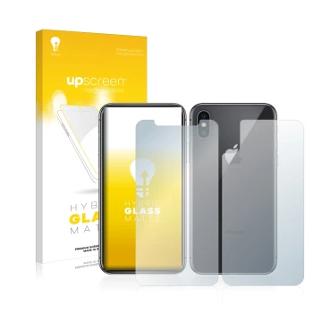 Parte frontal de un envase de producto con el logotipo de la marca upscreen. Al lado se muestra el dispositivo Apple iPhone X 