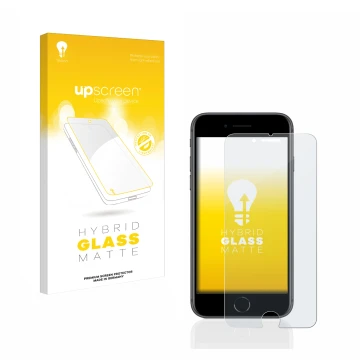 Parte frontal de un envase de producto con el logotipo de la marca upscreen. Al lado se muestra el dispositivo Apple iPhone 8 