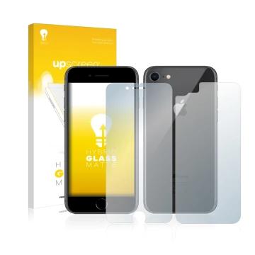 Parte frontal de un envase de producto con el logotipo de la marca upscreen. Al lado se muestra el dispositivo Apple iPhone 8 