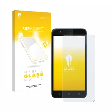 Parte frontal de un envase de producto con el logotipo de la marca upscreen. Al lado se muestra el dispositivo Gigaset GS270 c