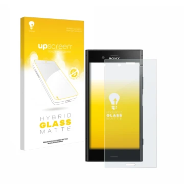 Parte frontal de un envase de producto con el logotipo de la marca upscreen. Al lado se muestra el dispositivo Sony Xperia XZ1