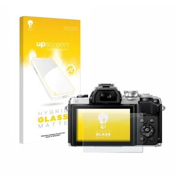 Parte frontal de un envase de producto con el logotipo de la marca upscreen. Al lado se muestra el dispositivo Olympus OM-D E-