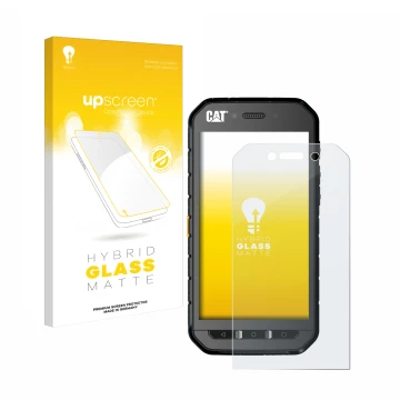 Parte frontal de un envase de producto con el logotipo de la marca upscreen. Al lado se muestra el dispositivo Caterpillar Cat