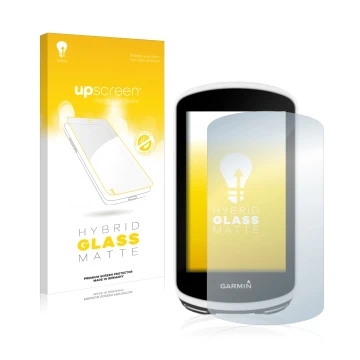 Parte frontal de un envase de producto con el logotipo de la marca upscreen. Al lado se muestra el dispositivo Garmin Edge 103