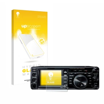 Parte frontal de un envase de producto con el logotipo de la marca upscreen. Al lado se muestra el dispositivo Yaesu FT-991A c