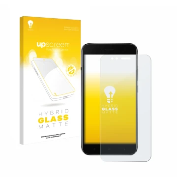 Parte frontal de un envase de producto con el logotipo de la marca upscreen. Al lado se muestra el dispositivo Xiaomi Mi A1 co