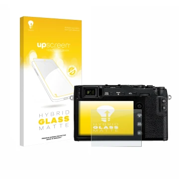 Parte frontal de un envase de producto con el logotipo de la marca upscreen. Al lado se muestra el dispositivo Fujifilm X-E3 c