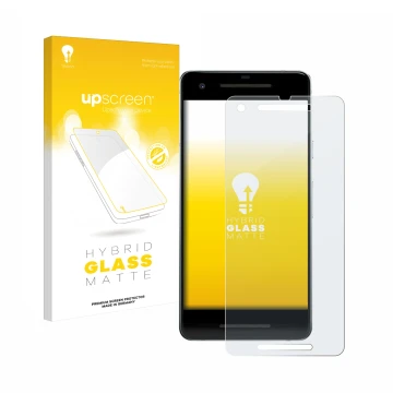 Parte frontal de un envase de producto con el logotipo de la marca upscreen. Al lado se muestra el dispositivo Google Pixel 2 