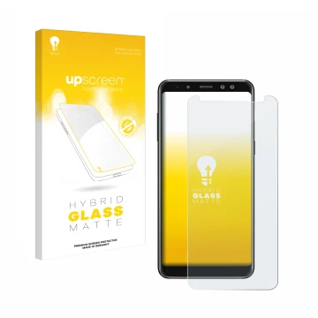 Parte frontal de un envase de producto con el logotipo de la marca upscreen. Al lado se muestra el dispositivo Samsung Galaxy 