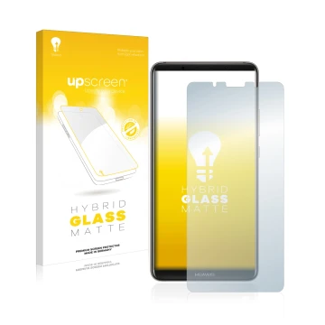 Parte frontal de un envase de producto con el logotipo de la marca upscreen. Al lado se muestra el dispositivo Huawei Mate 10 