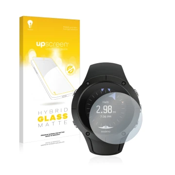 Parte frontal de un envase de producto con el logotipo de la marca upscreen. Al lado se muestra el dispositivo Suunto Spartan 