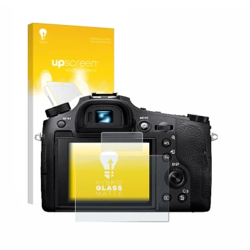 Parte frontal de un envase de producto con el logotipo de la marca upscreen. Al lado se muestra el dispositivo Sony Cyber-Shot