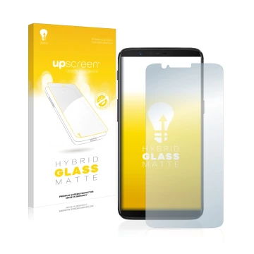 Parte frontal de un envase de producto con el logotipo de la marca upscreen. Al lado se muestra el dispositivo OnePlus 5T con 