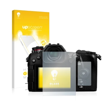 Parte frontal de un envase de producto con el logotipo de la marca upscreen. Al lado se muestra el dispositivo Panasonic Lumix