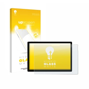 Parte frontal de un envase de producto con el logotipo de la marca upscreen. Al lado se muestra el dispositivo Microsoft Surfa