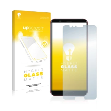 Parte frontal de un envase de producto con el logotipo de la marca upscreen. Al lado se muestra el dispositivo Honor View 10 c