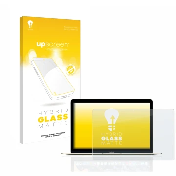 Parte frontal de un envase de producto con el logotipo de la marca upscreen. Al lado se muestra el dispositivo Apple MacBook R