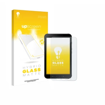 Parte frontal de un envase de producto con el logotipo de la marca upscreen. Al lado se muestra el dispositivo Samsung Galaxy 