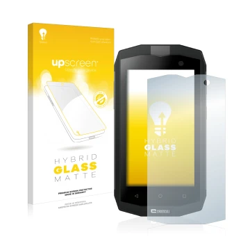 Parte frontal de un envase de producto con el logotipo de la marca upscreen. Al lado se muestra el dispositivo Crosscall Trekk