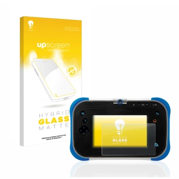 Parte frontal de un envase de producto con el logotipo de la marca upscreen. Al lado se muestra el dispositivo Vtech Storio Ma