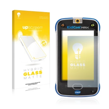 Parte frontal de un envase de producto con el logotipo de la marca upscreen. Al lado se muestra el dispositivo Vtech Kidicom M