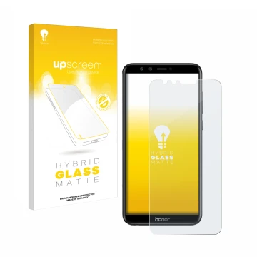 Parte frontal de un envase de producto con el logotipo de la marca upscreen. Al lado se muestra el dispositivo Honor 9 Lite co