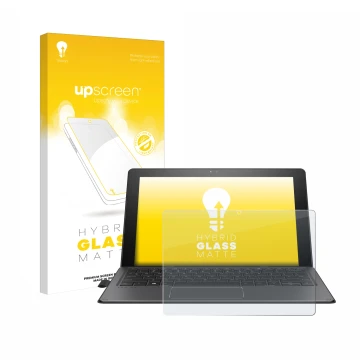 Parte frontal de un envase de producto con el logotipo de la marca upscreen. Al lado se muestra el dispositivo HP Pro x2 612 G