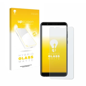 Parte frontal de un envase de producto con el logotipo de la marca upscreen. Al lado se muestra el dispositivo Huawei P smart 