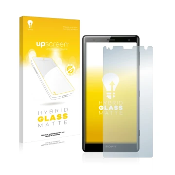 Parte frontal de un envase de producto con el logotipo de la marca upscreen. Al lado se muestra el dispositivo Sony Xperia XZ2