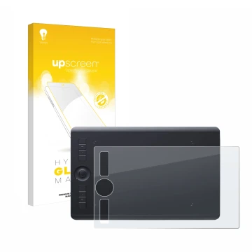 Parte frontal de un envase de producto con el logotipo de la marca upscreen. Al lado se muestra el dispositivo Wacom Intuos Pr