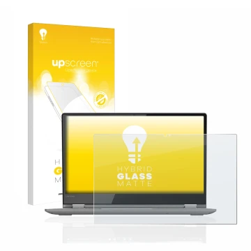 Parte frontal de un envase de producto con el logotipo de la marca upscreen. Al lado se muestra el dispositivo Lenovo Yoga 530