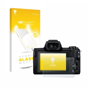 Parte frontal de un envase de producto con el logotipo de la marca upscreen. Al lado se muestra el dispositivo Canon EOS M50 c